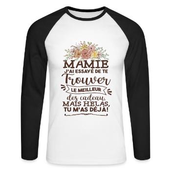 Mamie Humour Anniversaire Cadeau - T-shirt baseball manches longues Homme - blanc/noir - Devant - Nik (191cm)
