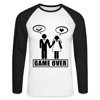 Game Over | Cadeau de mariage couple ESC - T-shirt baseball manches longues Homme - blanc/noir - Devant - Nik (191cm)