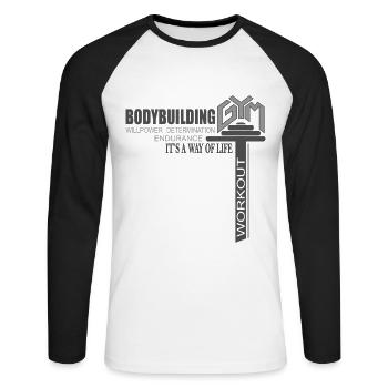 Gym Bodybuilding Fitness Workout Outfit - Unisex Long Sleeve Baseball T-Shirt - white/black - Front - Nik (191cm)