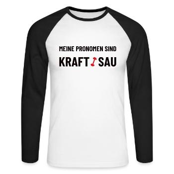 Meine Pronomen sind Kraft/Sau - Powerlifter, Gym - Unisex Baseballshirt langarm - Weiß/Schwarz - Vorne - Nik (191cm)