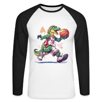 Basketball Dinosaurier T-Rex Spieler Sport Cartoon - Unisex Baseballshirt langarm - Weiß/Schwarz - Vorne - Nik (191cm)