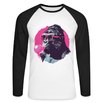 Gorille avec lunettes de soleil et chewing-gum rose - T-shirt baseball manches longues Homme - blanc/noir - Devant - Nik (191cm)