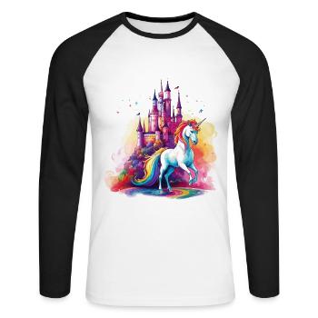 Einhorn Regenbogen Schloss Bunt Magie Fantasie - Unisex Baseballshirt langarm - Weiß/Schwarz - Vorne - Nik (191cm)