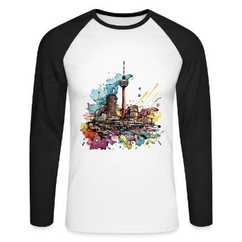 Berlin Deutschland Stadt Skyline Splash Cartoon - Unisex Baseballshirt langarm - Weiß/Schwarz - Vorne - Nik (191cm)