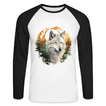Wolf Wolfskopf Natur Wildnis Wald Bäume Kunst - Unisex Baseballshirt langarm - Weiß/Schwarz - Vorne - Nik (191cm)