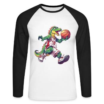 Basketball Dinosaurier T-Rex Spieler Sport Cartoon - Unisex Baseballshirt langarm - Weiß/Schwarz - Vorne - Nik (191cm)