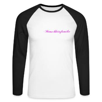 Menschheitsfamilie Logo verziert - Unisex Baseballshirt langarm - Weiß/Schwarz - Vorne - Nik (191cm)