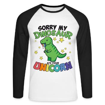 Lustiger Einhorn fressender Dinosaurier Dino - Unisex Baseballshirt langarm - Weiß/Schwarz - Vorne - Nik (191cm)