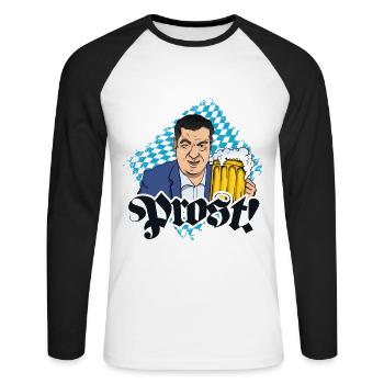Söder mit Bierkrug und Bayerischer Fahne Prost - Unisex Baseballshirt langarm - Weiß/Schwarz - Vorne - Nik (191cm)