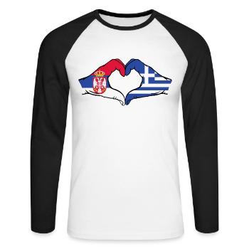 Serbia Greece Flag Hands Heart Shape - Unisex Long Sleeve Baseball T-Shirt - white/black - Front - Nik (191cm)
