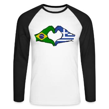 Brésil Grèce Drapeau Mains Coeur Forme - T-shirt baseball manches longues Homme - blanc/noir - Devant - Nik (191cm)