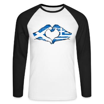 Mains de drapeau de l’Écosse Grèce en forme de coeur utilisé - T-shirt baseball manches longues Homme - blanc/noir - Devant - Nik (191cm)