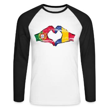 Portugal Roumanie Drapeau Mains Coeur Forme Utilisé - T-shirt baseball manches longues Homme - blanc/noir - Devant - Nik (191cm)