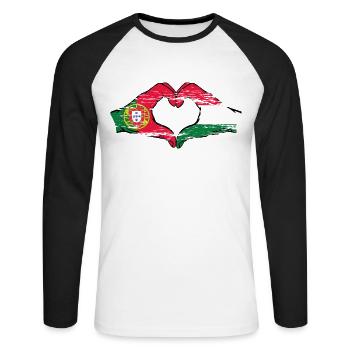 Portugal Hongrie Drapeau Mains Coeur Forme Utilisé - T-shirt baseball manches longues Homme - blanc/noir - Devant - Nik (191cm)
