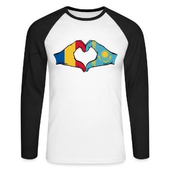Rumänien Kasachstan Flagge Hände Herzform - Unisex Baseballshirt langarm - Weiß/Schwarz - Vorne - Nik (191cm)