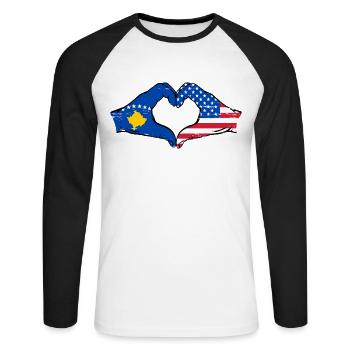 Kosovo USA Flag Hands Heart Shape Used - Unisex Long Sleeve Baseball T-Shirt - white/black - Front - Nik (191cm)