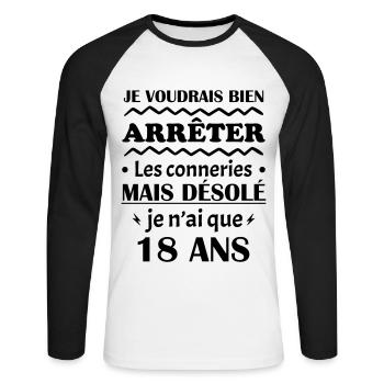 je voudrais bien 18, cadeau d'anniversaire 18 ans - T-shirt baseball manches longues Homme - blanc/noir - Devant - Nik (191cm)