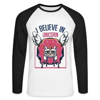 I Believe In Unicorn | Donut Katzen Candy Geschenk - Unisex Baseballshirt langarm - Weiß/Schwarz - Vorne - Nik (191cm)