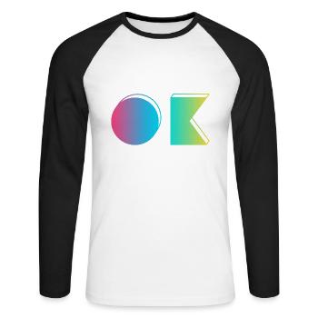 OK - Okay - 80er Jahre Style - Unisex Baseballshirt langarm - Weiß/Schwarz - Vorne - Nik (191cm)