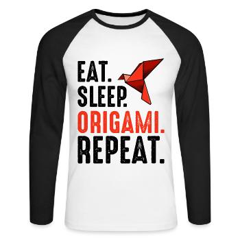 Eat Sleep Origami Repeat saying folding art gift - Unisex Long Sleeve Baseball T-Shirt - white/black - Front - Nik (191cm)
