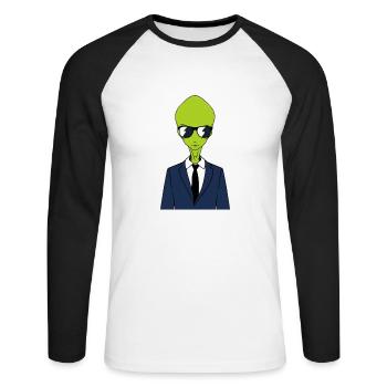 Drumming Shirt For Drummers "Drum & Bass Alien" - Unisex Baseballshirt langarm - Weiß/Schwarz - Vorne - Nik (191cm)