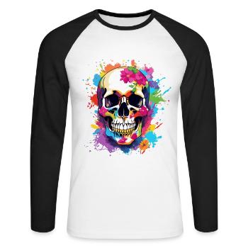 Colorful Skull with Flowers - Unisex Baseballshirt langarm - Weiß/Schwarz - Vorne - Nik (191cm)