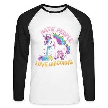 Ich Hasse Menschen Einhorn Kotzt Regenbogen Lustig - Unisex Baseballshirt langarm - Weiß/Schwarz - Vorne - Nik (191cm)