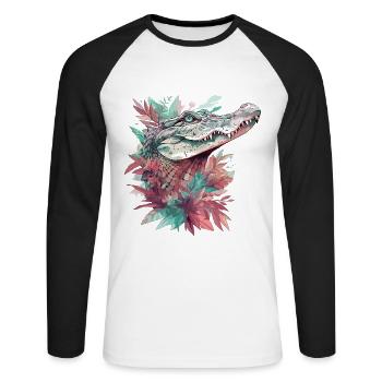Alligator Krokodil Kaiman Reptil Raubtier Tier - Unisex Baseballshirt langarm - Weiß/Schwarz - Vorne - Nik (191cm)