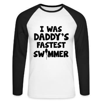I Was Daddy's Fastest Swimmer Baby Bodysuit - Unisex Long Sleeve Baseball T-Shirt - white/black - Front - Nik (191cm)