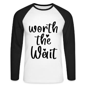 Worth The Wait Baby BodysuitOnesie - Unisex Long Sleeve Baseball T-Shirt - white/black - Front - Nik (191cm)