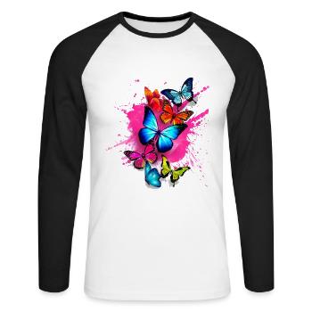 Schmetterling Butterfly Splash Bunt Farben Pink - Unisex Baseballshirt langarm - Weiß/Schwarz - Vorne - Nik (191cm)