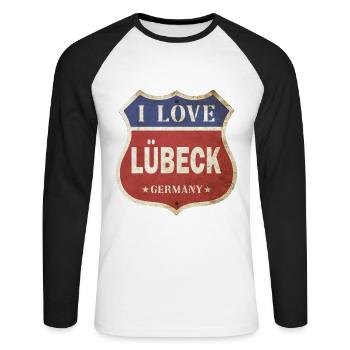 Lübeck Deutschland Stadt I Love Vintage Retro - Unisex Baseballshirt langarm - Weiß/Schwarz - Vorne - Nik (191cm)