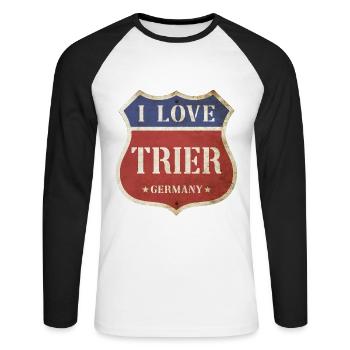 Trier Germany City I Love Vintage Retro - Unisex Long Sleeve Baseball T-Shirt - white/black - Front - Nik (191cm)