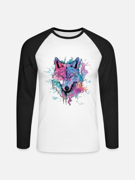 Wolf Wolfskopf Bunt Splash Natur Wildnis Kunst - Unisex Baseballshirt langarm - Weiß/Schwarz