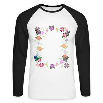 Fleurs avec papillons, fleurs, insectes - T-shirt baseball manches longues Homme - blanc/noir - Devant - Nik (191cm)