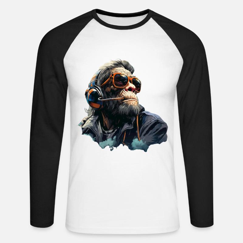 Gamer Chimp mit Headset - Unisex Baseballshirt langarm - Weiß/Schwarz