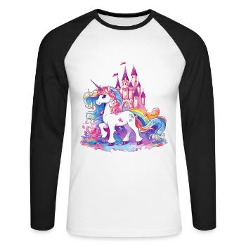 Einhorn Regenbogen Schloss Bunt Magie Fantasie - Unisex Baseballshirt langarm - Weiß/Schwarz - Vorne - Nik (191cm)