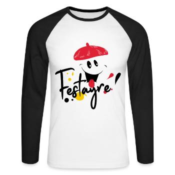 Festayre, béret et foulard rouge, faire la fête ! - T-shirt baseball manches longues Homme - blanc/noir - Devant - Nik (191cm)