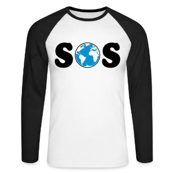 SOS – Earth Day / Klimawandel (B / 3C / SVG) - Unisex Baseballshirt langarm - Weiß/Schwarz - Vorne - Nik (191cm)