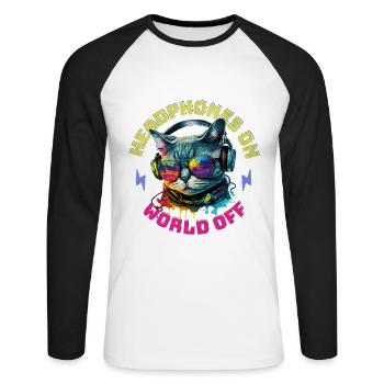 Katze Kopfhörer Musik Headphones On World Off - Unisex Baseballshirt langarm - Weiß/Schwarz - Vorne - Nik (191cm)
