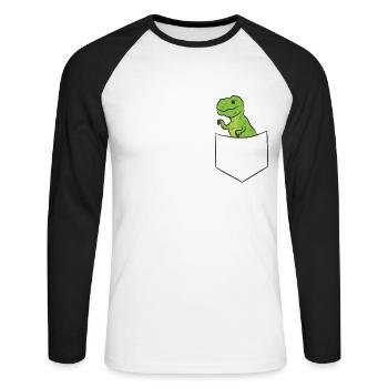 Lustiger Dinosaurier in der Tasche Dinosaurier - Unisex Baseballshirt langarm - Weiß/Schwarz - Vorne - Nik (191cm)