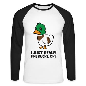 I Just Really Like Ducks - Unisex Long Sleeve Baseball T-Shirt - white/black - Front - Nik (191cm)