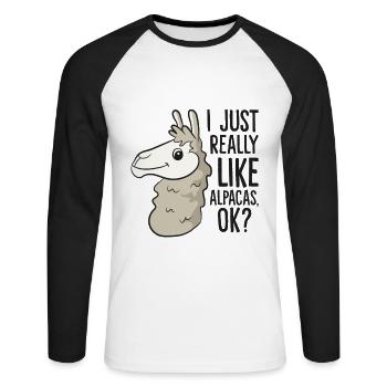 Ich mag Alpakas einfach sehr, okay? Niedliches - Unisex Baseballshirt langarm - Weiß/Schwarz - Vorne - Nik (191cm)