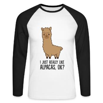 Ich mag Alpakas einfach sehr, okay? Lustiges Lama - Unisex Baseballshirt langarm - Weiß/Schwarz - Vorne - Nik (191cm)