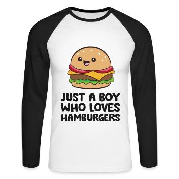Nur ein Junge, der Hamburger liebt - Unisex Baseballshirt langarm - Weiß/Schwarz - Vorne - Nik (191cm)