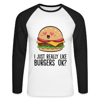 I Just Really Like Hamburgers Ok Love Hamburgers - Unisex Long Sleeve Baseball T-Shirt - white/black - Front - Nik (191cm)