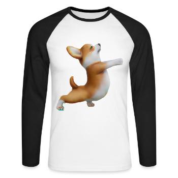 Chien Corgi en pose de yoga - T-shirt baseball manches longues Homme - blanc/noir - Devant - Nik (191cm)