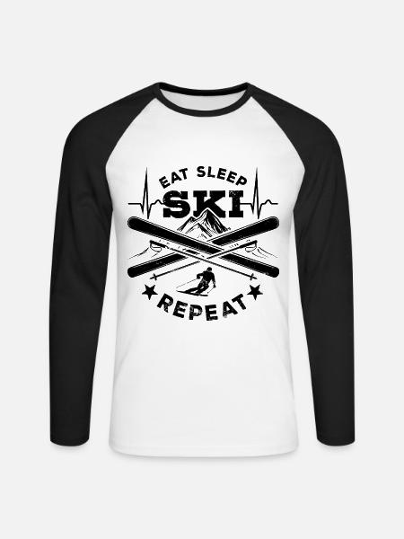 Eat Sleep Ski Repeat - Ski - Ski fahren - Unisex Baseballshirt langarm - Weiß/Schwarz