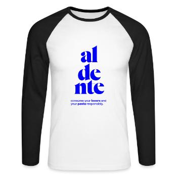 aldente: consume lovers and pasta responsibly - Unisex Long Sleeve Baseball T-Shirt - white/black - Front - Nik (191cm)