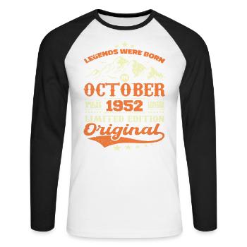 Original Oktober 1952 Jahrgang Jubiläum 1952 - Unisex Baseballshirt langarm - Weiß/Schwarz - Vorne - Nik (191cm)